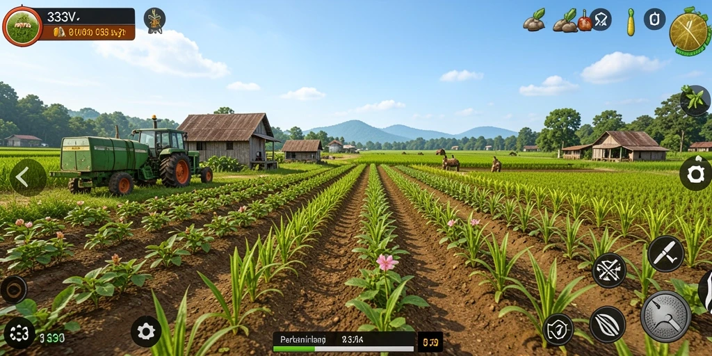 Screenshot gameplay 333V menunjukkan suasana pertanian yang hidup dan interaktif.