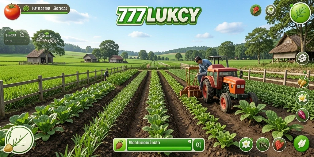 Tampilan gameplay <strong>777LUKCY</strong> dengan aktivitas bertani yang mengasyikkan.