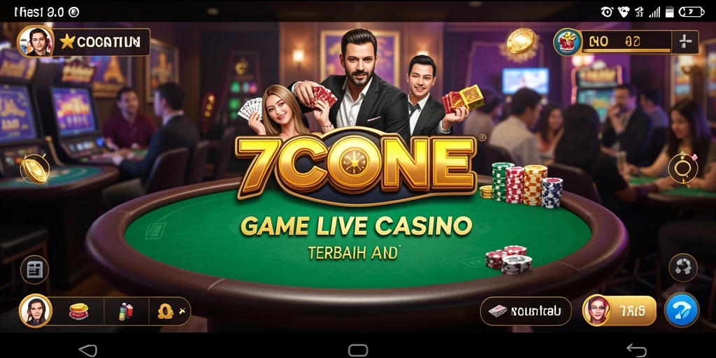 Screenshot gameplay 7CONE menampilkan dealer profesional dan suasana kasino yang nyata.