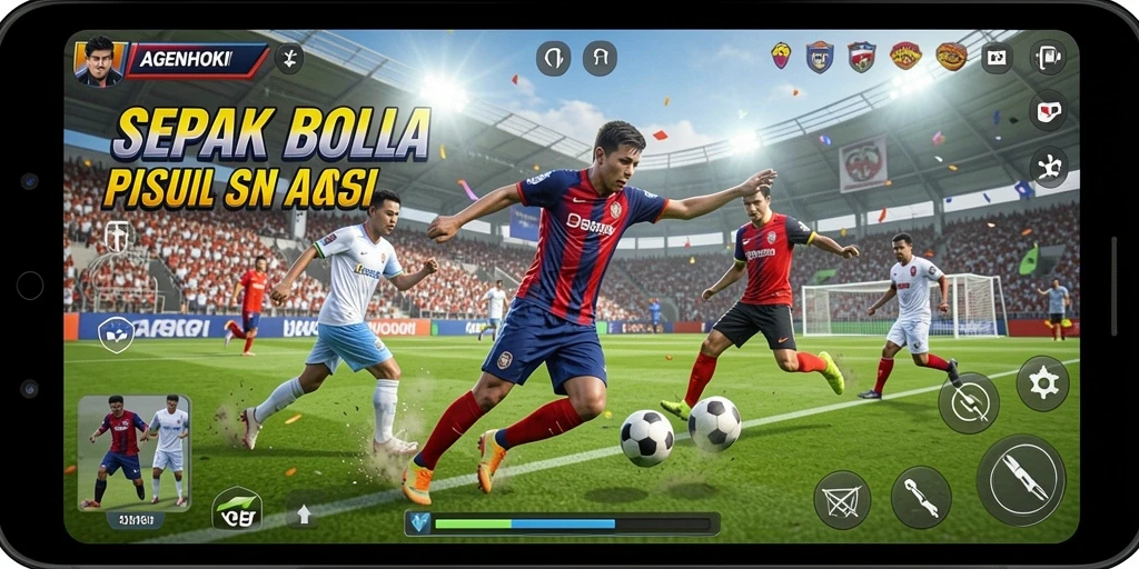 Screenshot menampilkan aksi seru di lapangan sepak bola AGENHOKI.