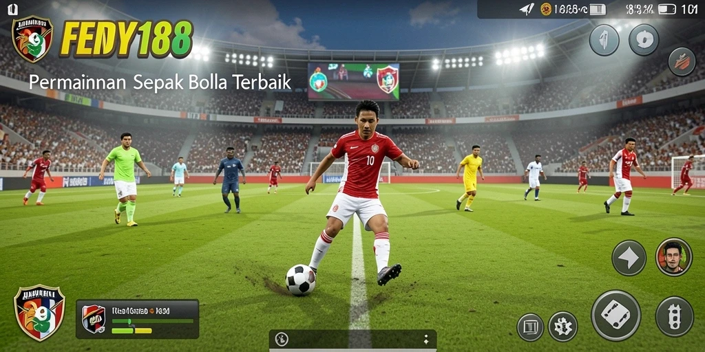 Screenshot utama dari gameplay FENDY188 menampilkan aksi seru di lapangan sepak bola.