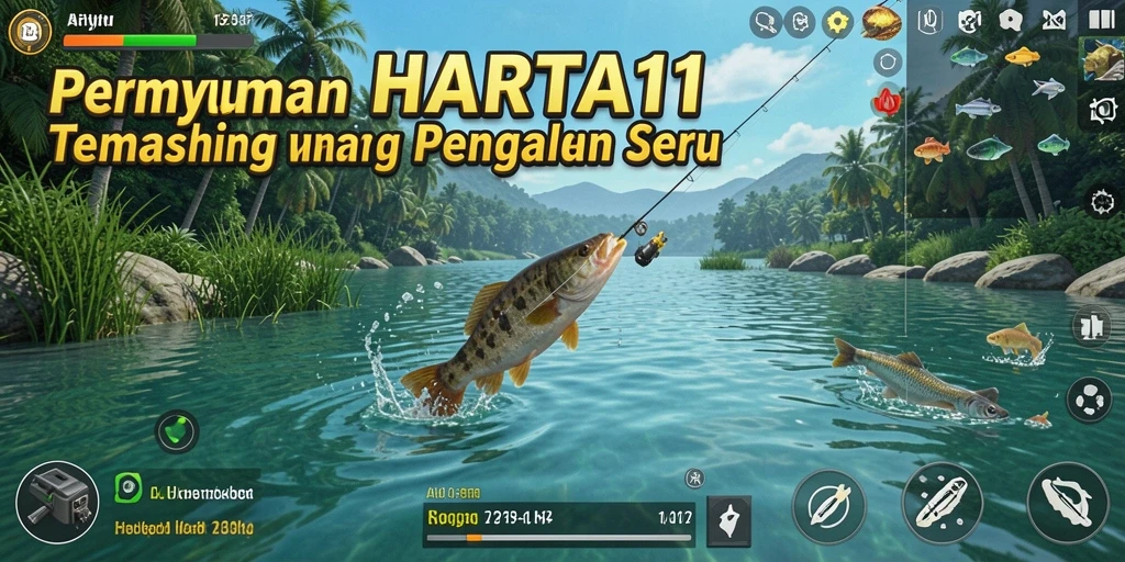 Screenshot HARTA11 menunjukkan pemain sedang memancing dengan latar pemandangan indah.