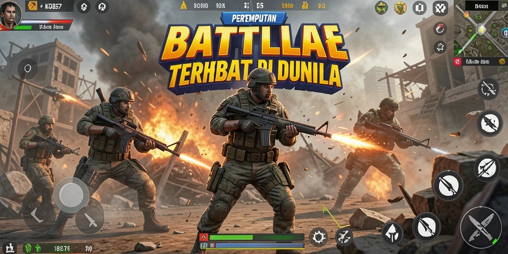 Tangkapan layar utama KO857 menampilkan aksi pertempuran intens di dunia Battle Royale.