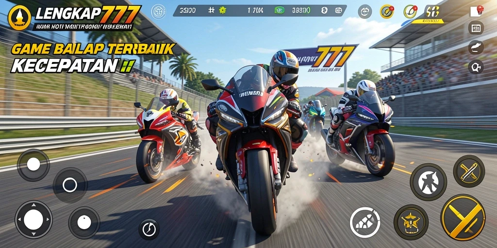 Screenshot gameplay LENGKAP777 dengan balapan motor yang seru.