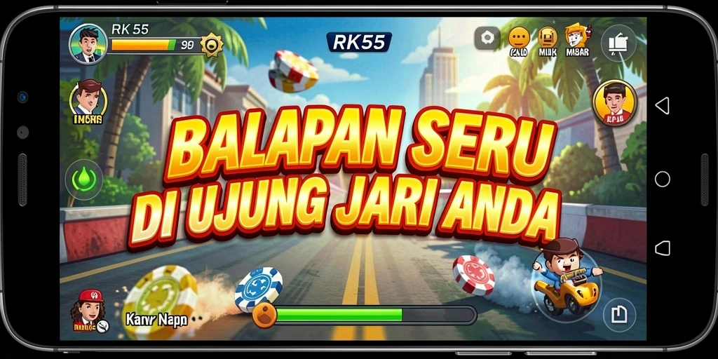 Gameplay menegangkan RK55 dengan mobil balap di trek yang menantang.